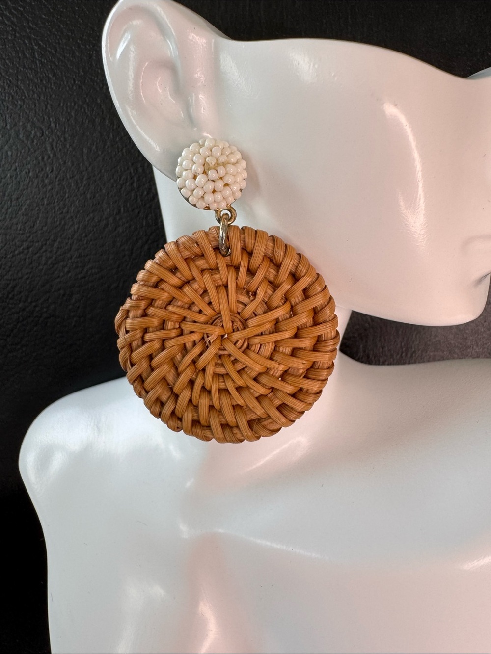 Woven Rattan Beaded Drop Earrings - SKU K